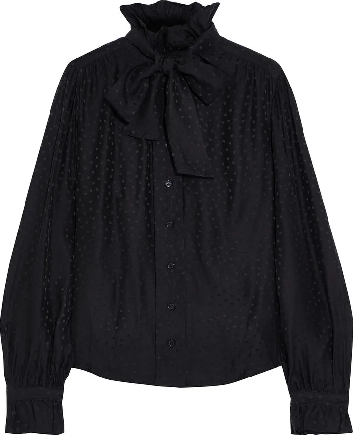 Pussy-bow ruffle-trimmed silk-jacquard blouse