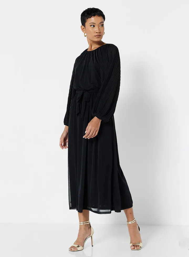 Pleated Sleeve Midi Dress