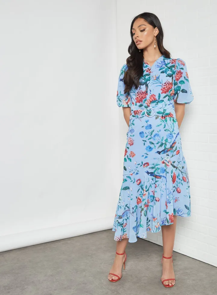 Mathilde Asymmetric Ruffle Hem Dress Blue