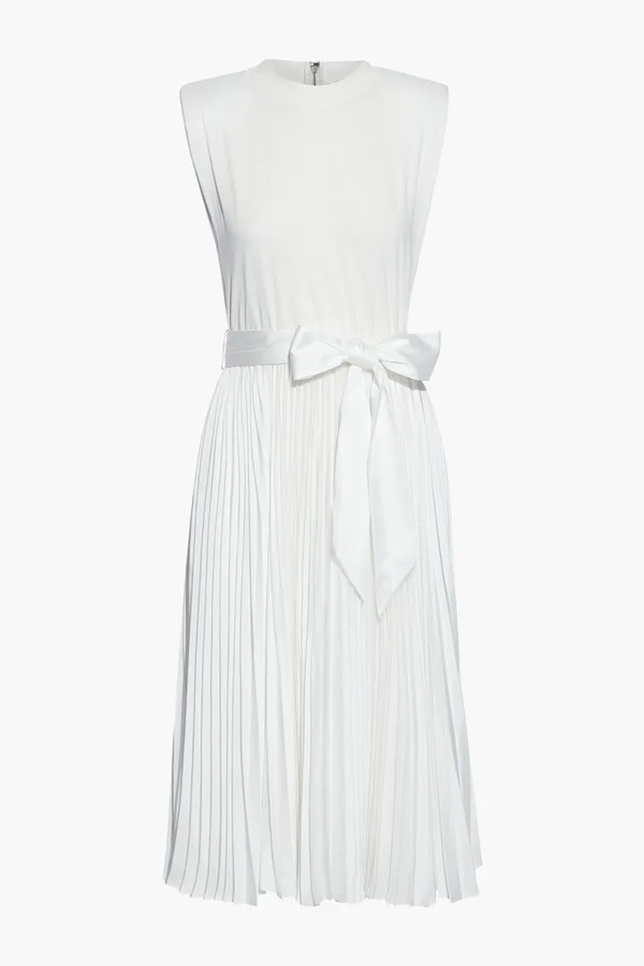 Yuki belted jersey-paneled pleated satin midi dress