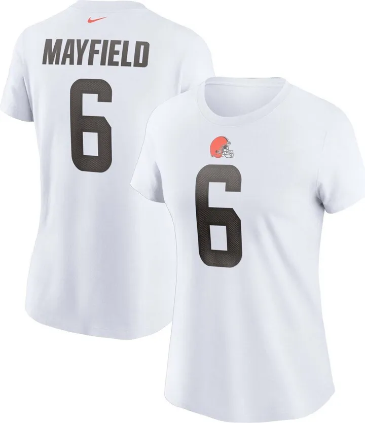 Women's Baker Mayfield White Cleveland Browns Name Number T-shirt