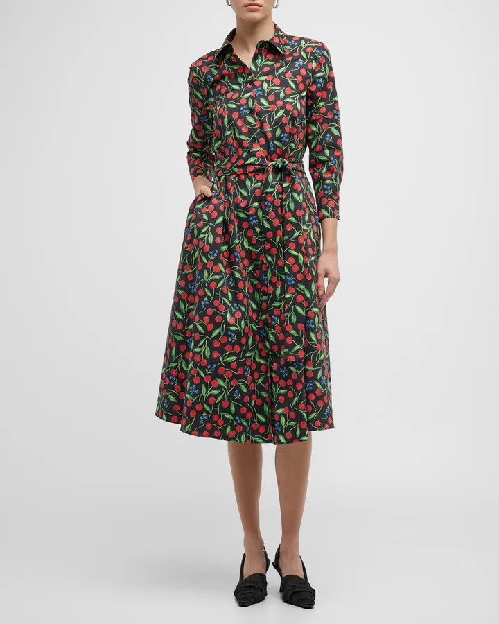 Cherry-Print Waist-Tie Midi Shirtdress