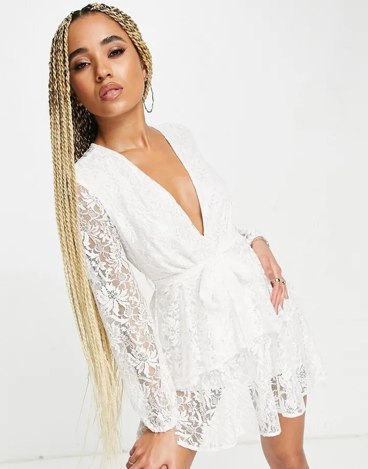 John Zack lace long sleeve mini dress in white