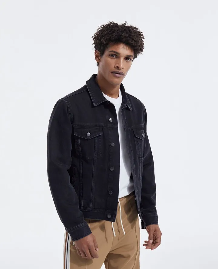 Black faded denim jacket with chest pockets