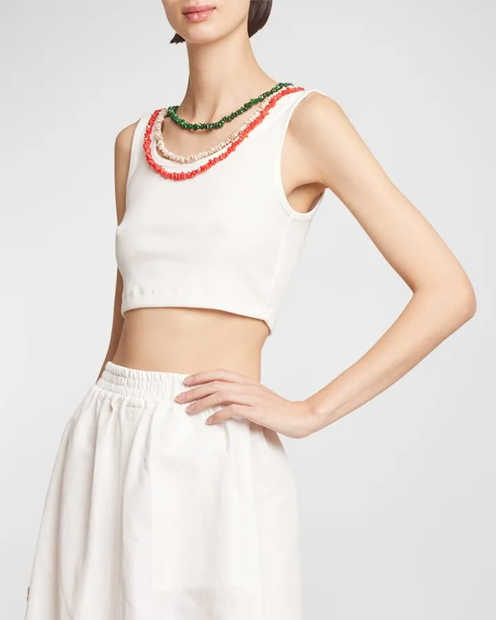 x Paula's Ibiza 3-Strand Beaded Necklace Rib Crop Tank Top