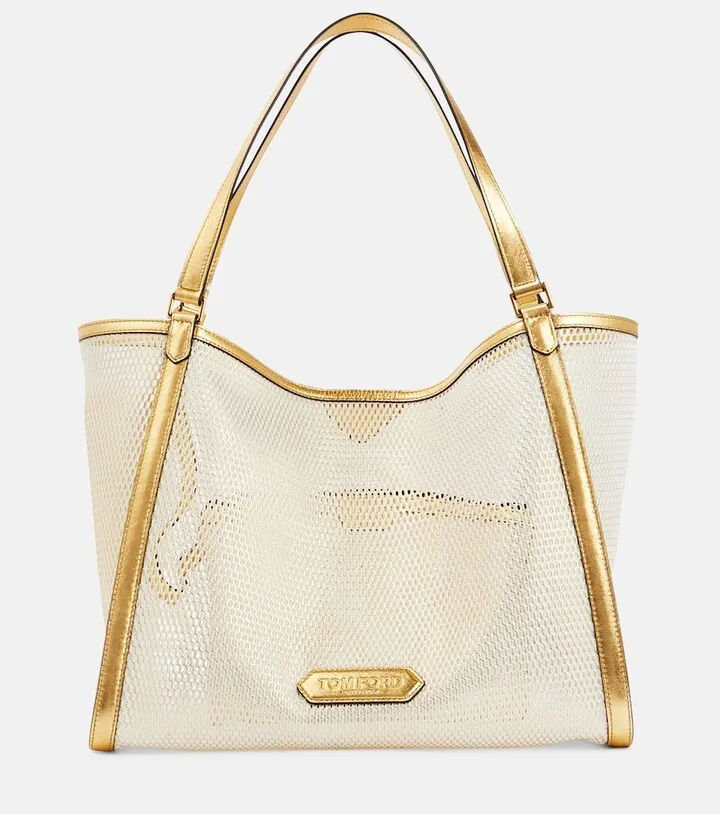 Leather-trimmed mesh tote bag