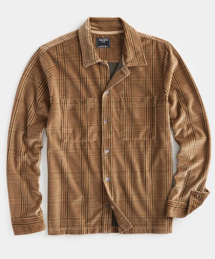 Velour Plaid Camp Polo in Burnt Caramel