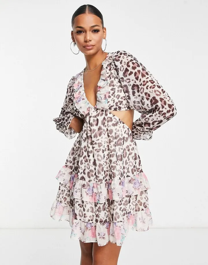 Miss Selfridge chiffon frill detail mini dress in mix animal floral