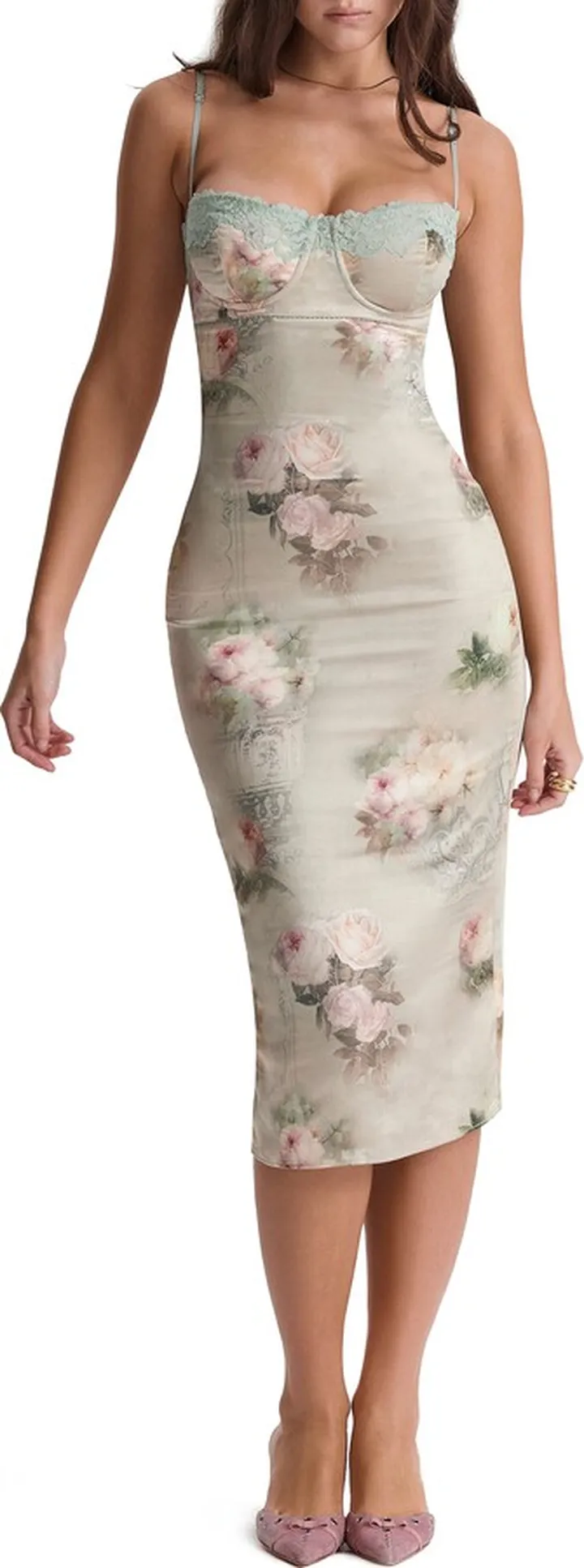 Floral Lace Trim Underwire Cocktail Dress