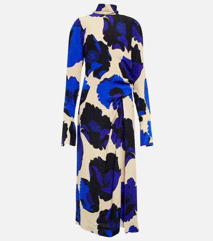 Floral ruched jacquard midi dress