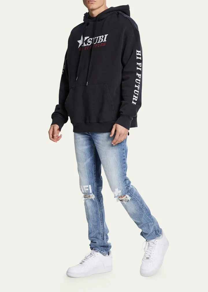 Men's Distressed Logo Light Wash Denim Jeans