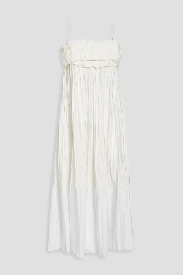 Pleated poplin-paneled slub woven midi dress