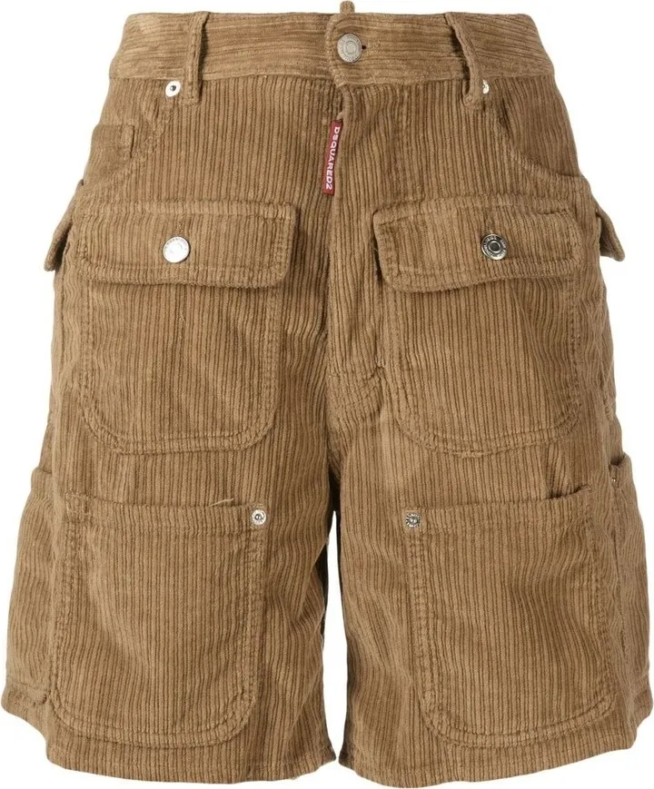 Multi-Pocket Corduroy Knee-Length Shorts