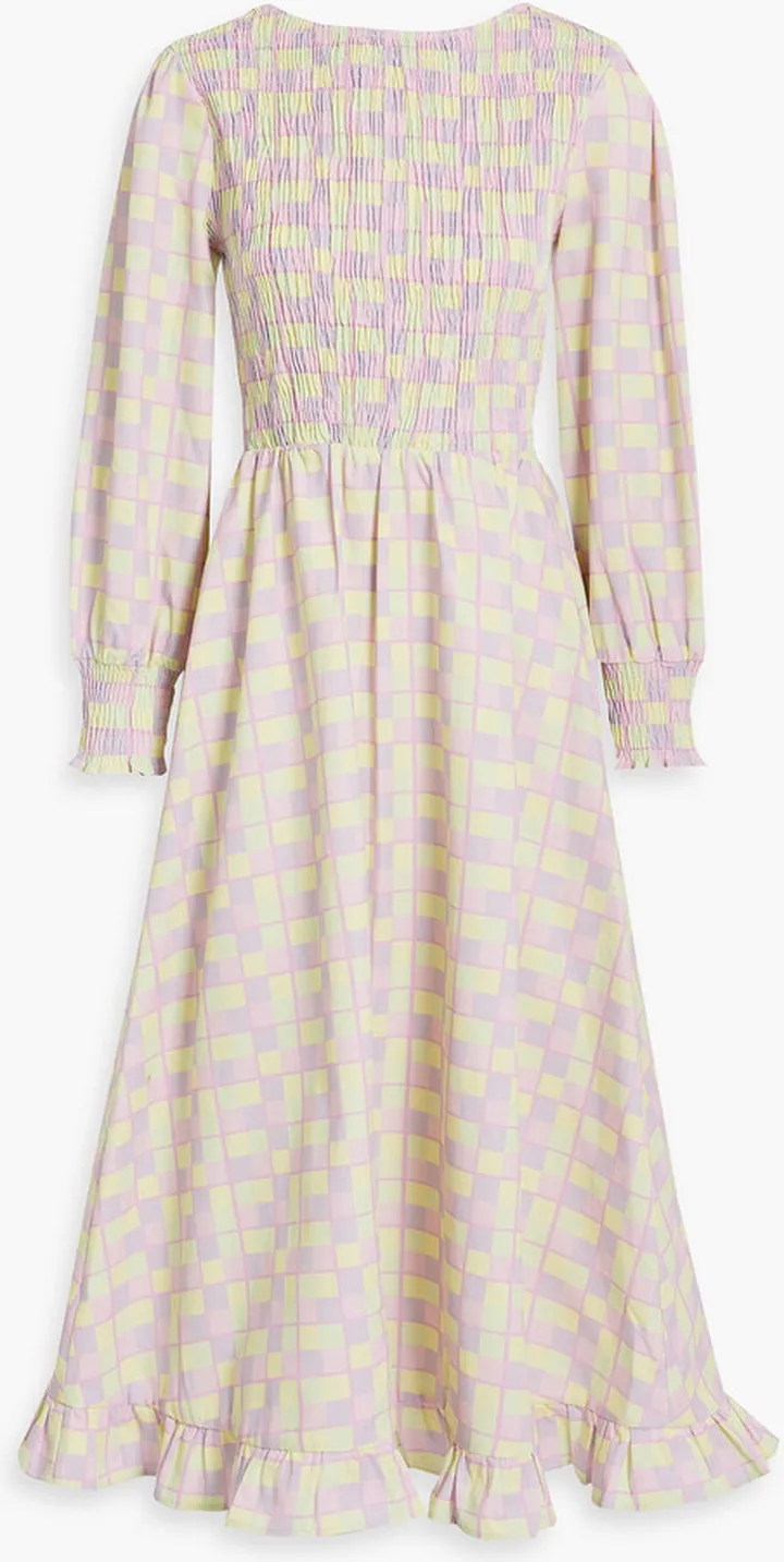 Shirred checked twill midi dress