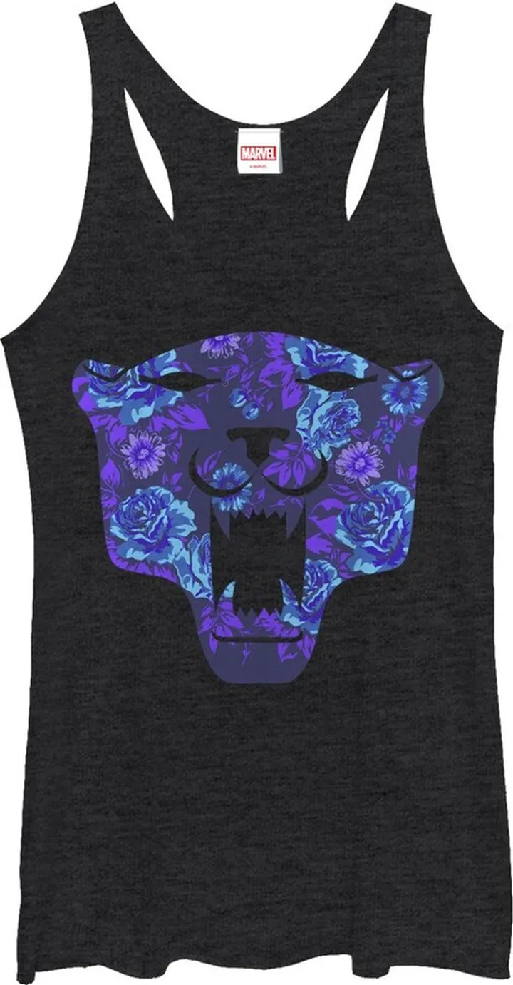 Women's Marvel Black Panther Floral Print Racerback Tank Top - Black Heather - Small
