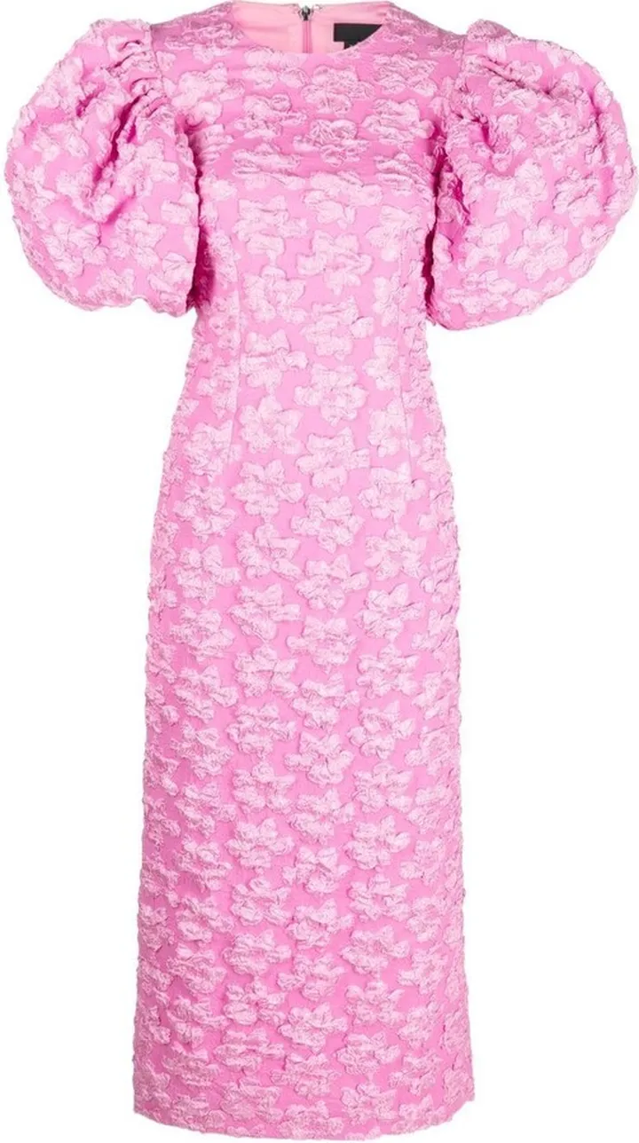 Floral-Jacquard Puff-Sleeve Midi Dress