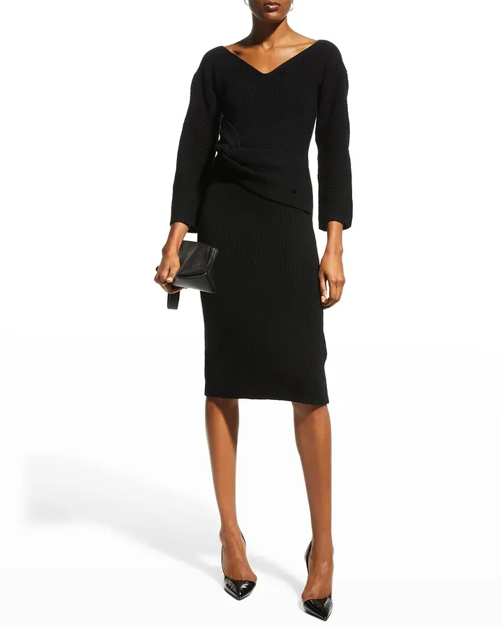 Drape-Waist Wool Knit Dress