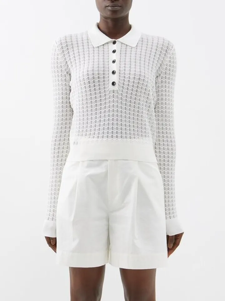 Open-knit Cotton-blend Long-sleeved Polo Shirt