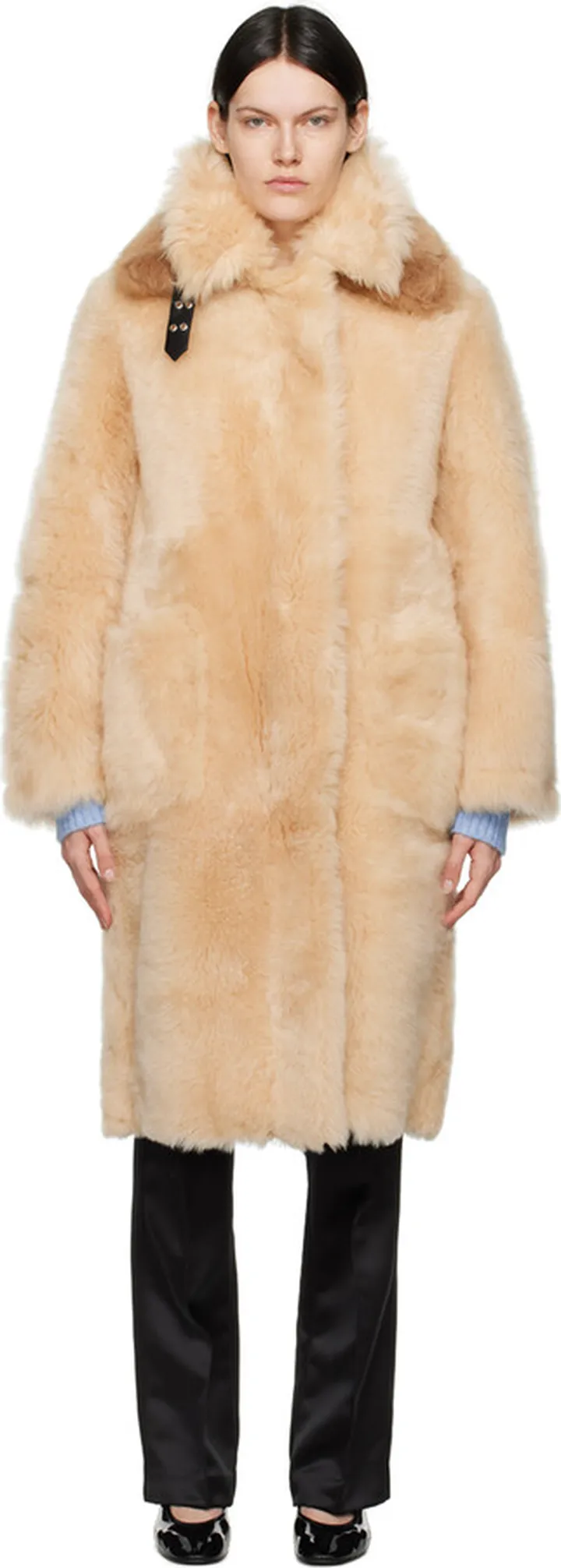 Helmut Lang Beige Oversized Shearling Coat