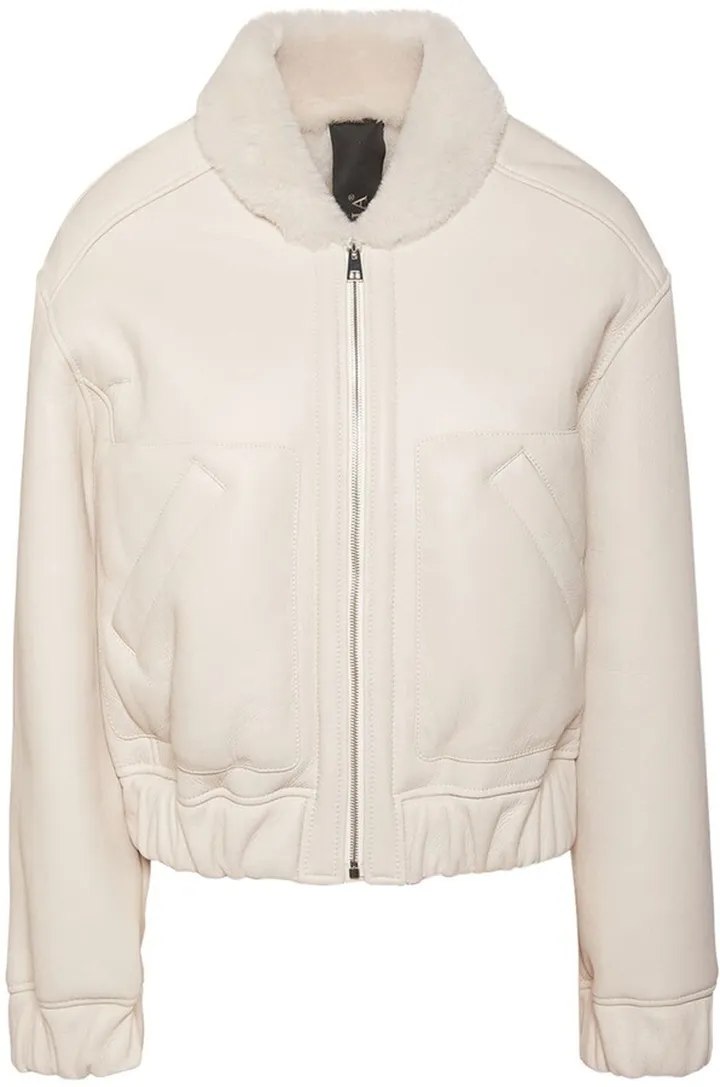 Short leather zip-up bomber jacket