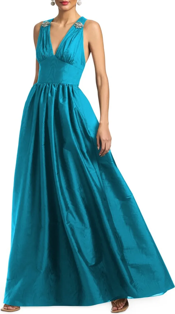 Kenzie Plunge Neck Moiré Taffeta Gown