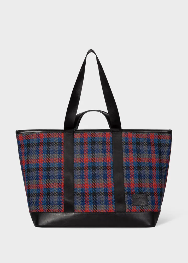 Women's Navy And Red Woven Check Tote Bag