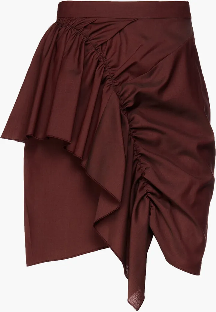 Asymmetric ruched ruffled wool-crepe mini skirt