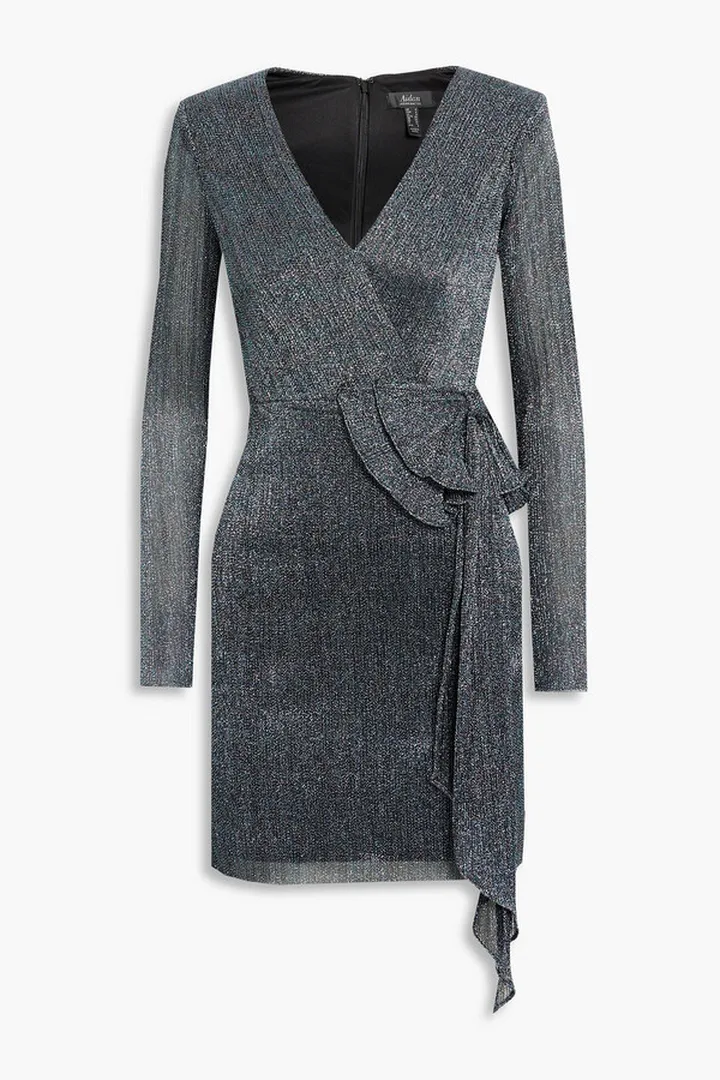 Wrap-effect metallic knitted mini dress