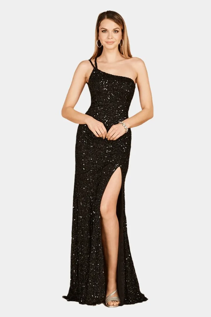 One shoulder Beaded Gown With Slit