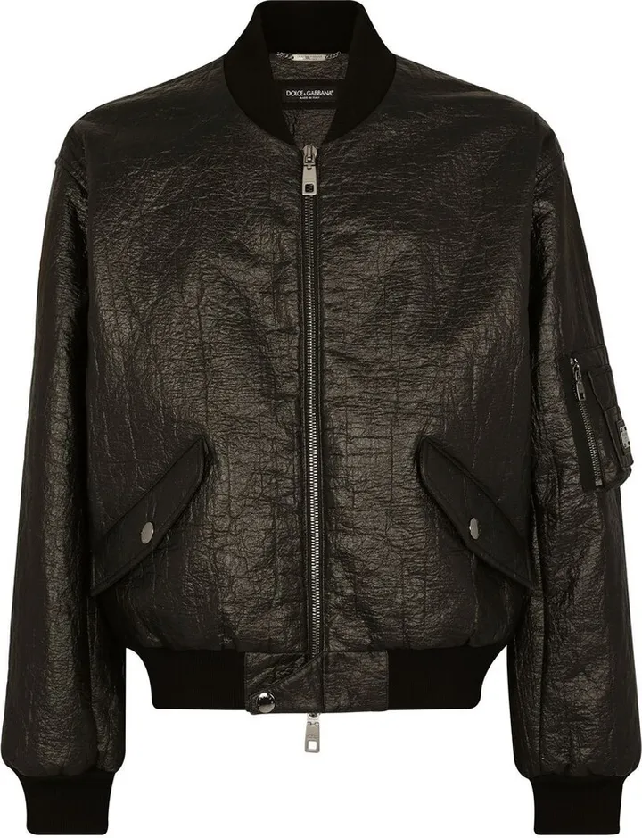 Crinkled-Finish Lambskin Bomber Jacket