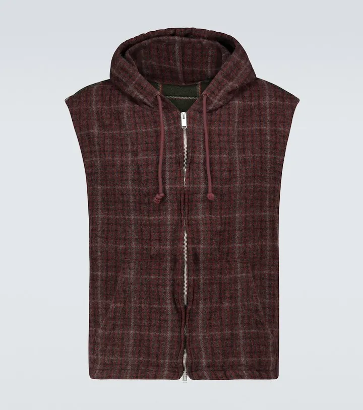 Checked wool gilet with hood