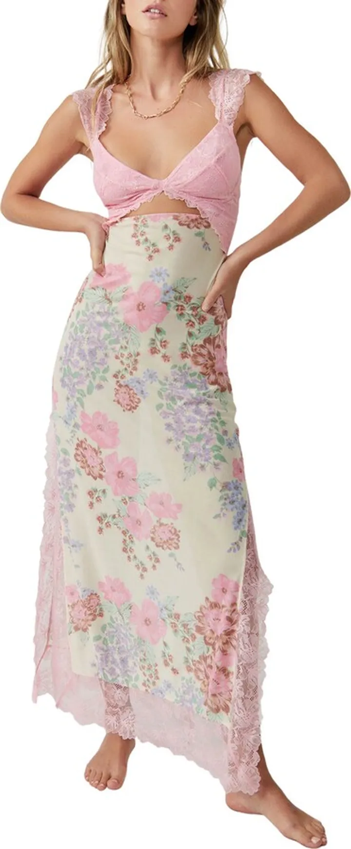 Suddenly Fine Floral Print Cutout Lace Trim Nightgown