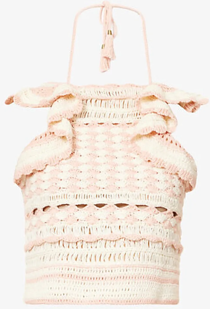 Womens Pink Cream Clover Halter-neck Cotton top
