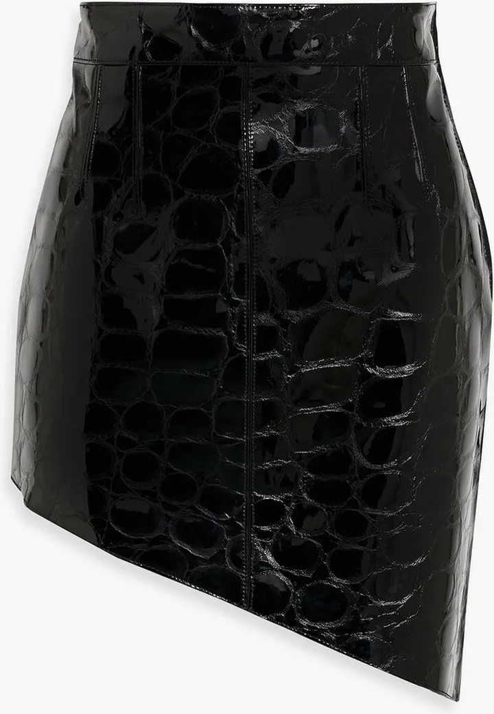 Asymmetric croc-effect patent-leather mini skirt