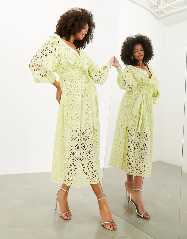 ASOS EDITION broderie wrap belted midi dress in lemon