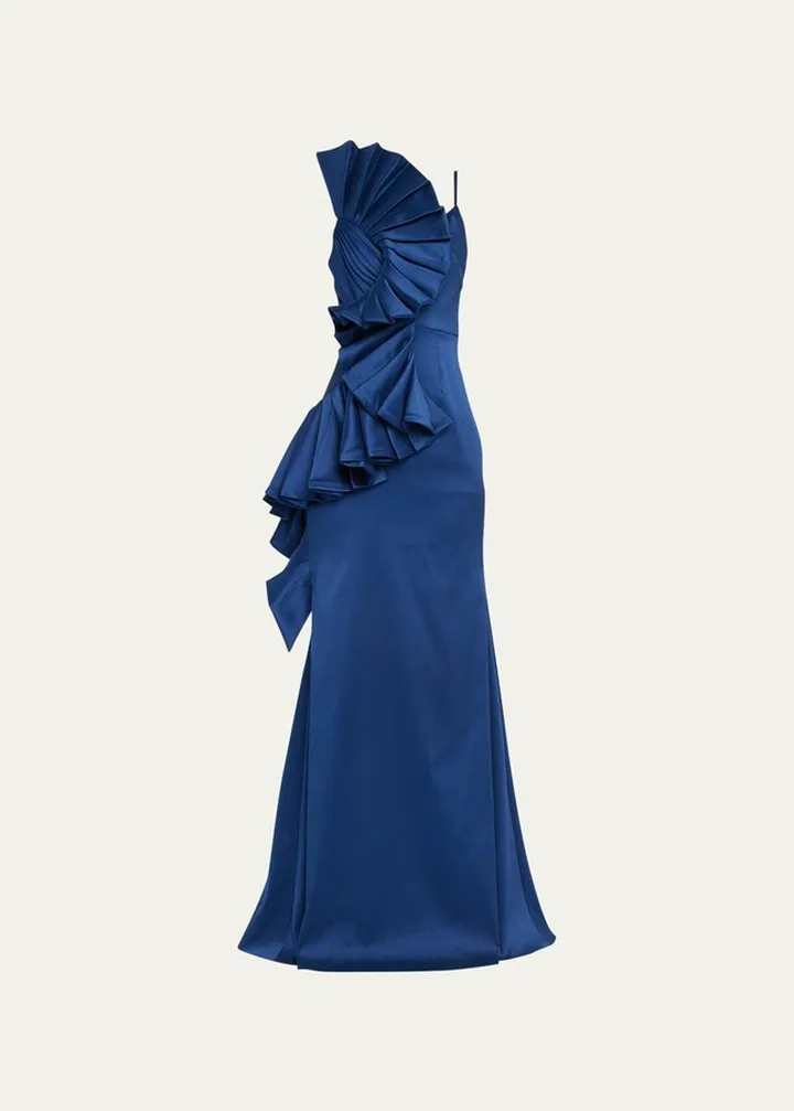 Pleated-Swirl Sleeveless A-Line Gown