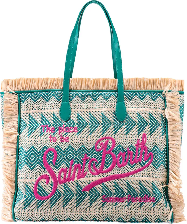 Straw shoulder bag with ebroidered logo