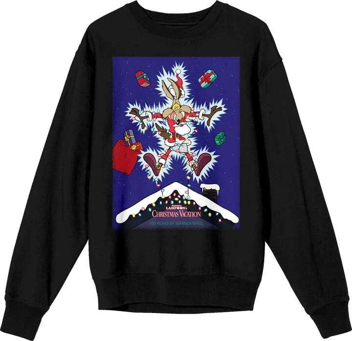 WB 100: Looney Tunes Mashups Bugs Bunny Christmas Vacation Crew Neck Long Sleeve Black Women’s Sweatshirt-XXL