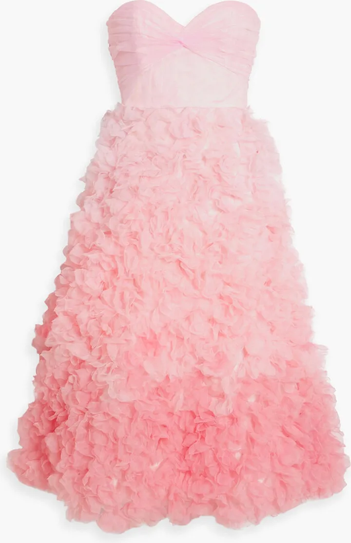 Strapless appliquéd dégradé tulle midi dress