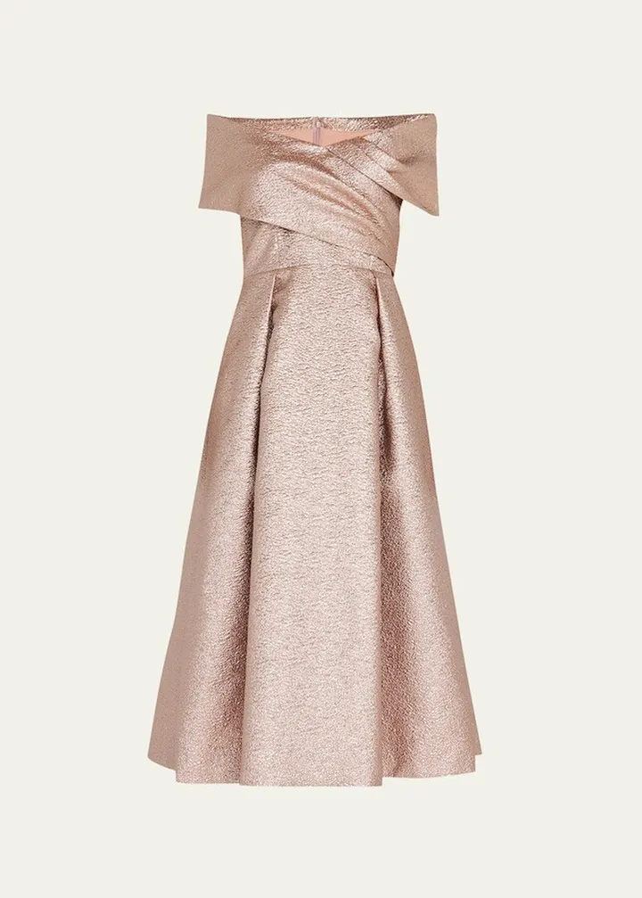 Off-Shoulder Metallic Jacquard Cocktail Dress