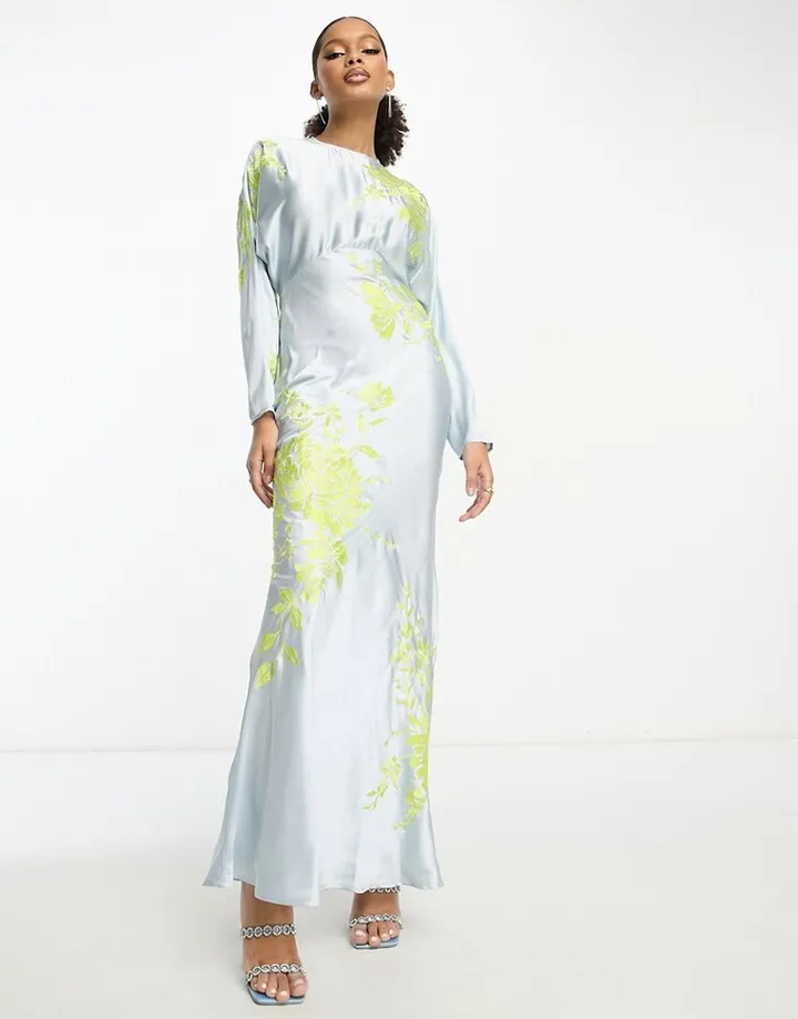 ASOS DESIGN satin embroidered batwing bias cut maxi dress in pale blue