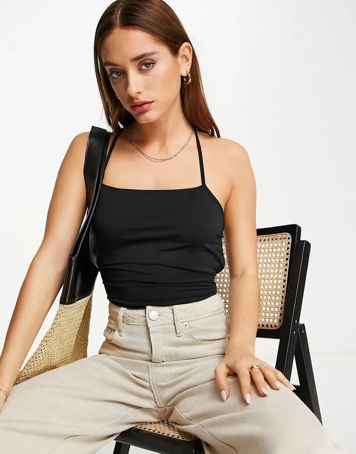Topshop tie back halter bodysuit in black