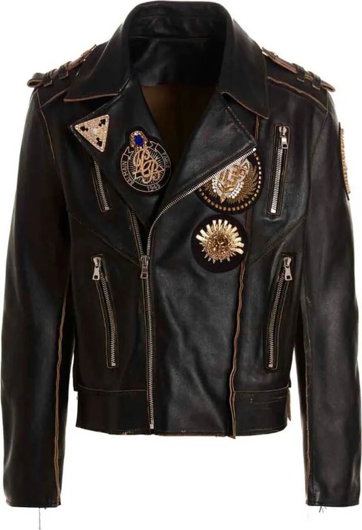 Balmain Embroidered Badges Leather Biker Jacket
