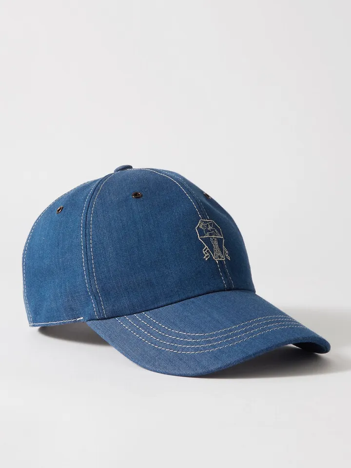 Leather-Trimmed Embroidered Denim Baseball Cap
