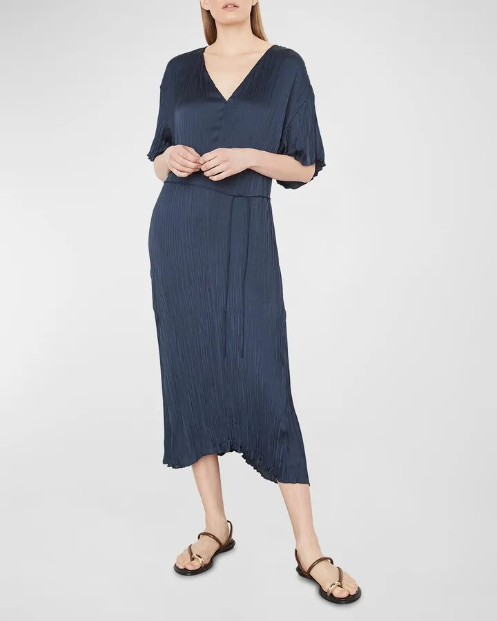 Crushed Plissé V-Neck Midi Dress