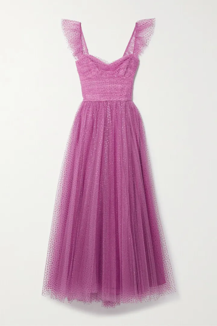 Monique Lhuillier - Ruffled Gathered Glittered Tulle Gown - Purple