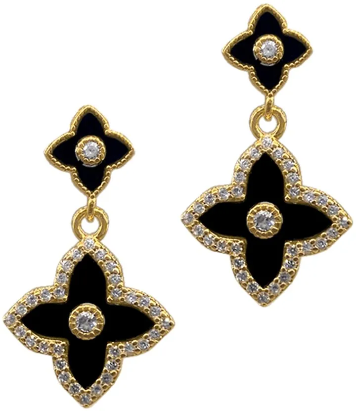 14K Yellow Gold Plated Black Flower Drop Earrings