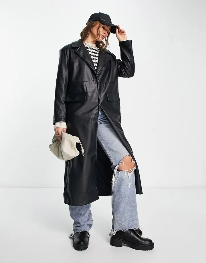 ASOS DESIGN faux leather trench in black
