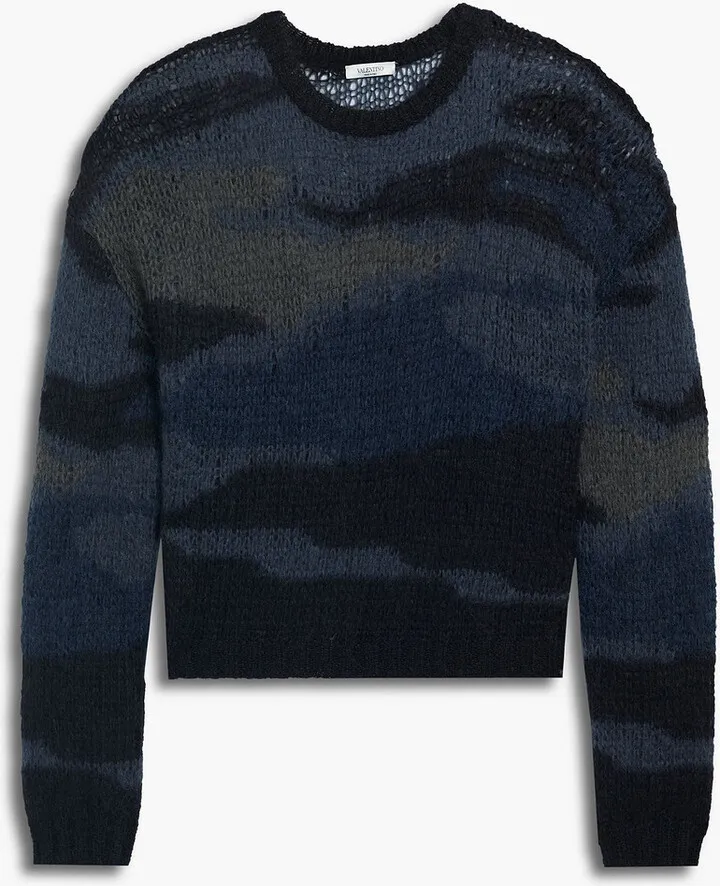 Camouflage-print open-knit mohair-blend sweater