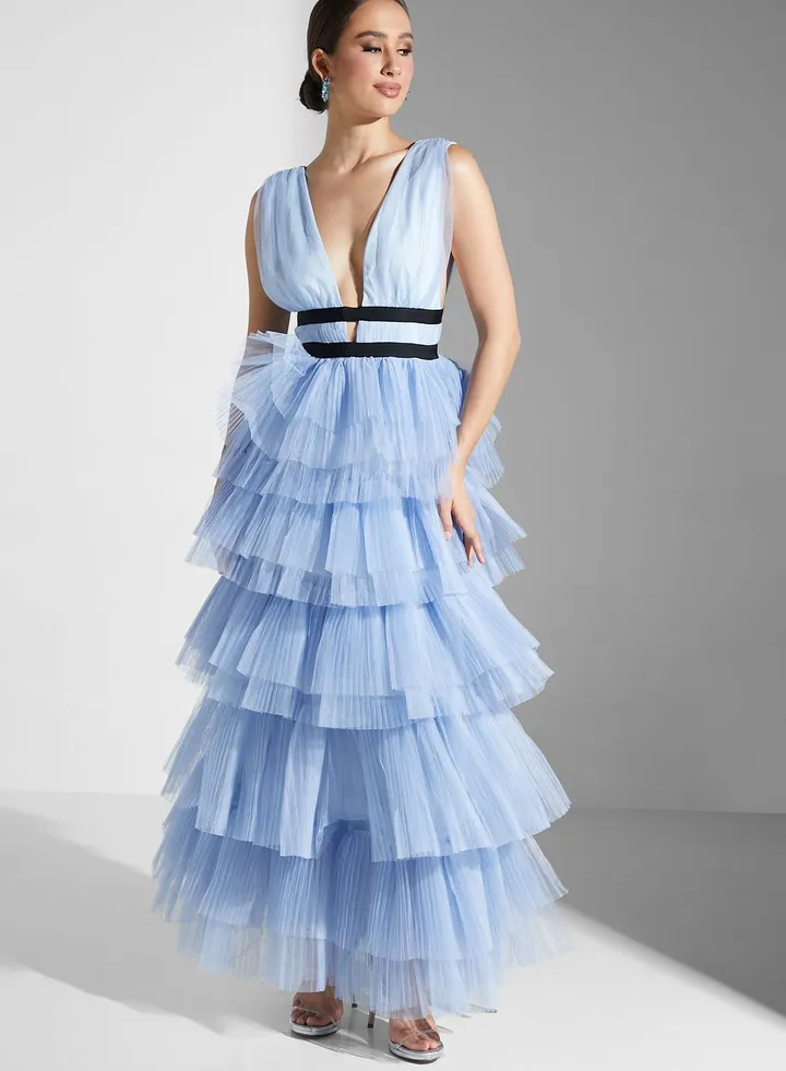 Belted Ruffle Plunge Neck Dress